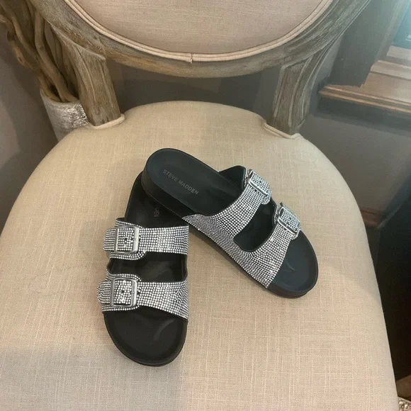 Steve Madden Black Rhinestone Double Strap Sandals - Picture 2 of 6
